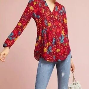 Anthropologie MAEVE Size XS Floral Red Viscose Button Blouse GORGEOUS!